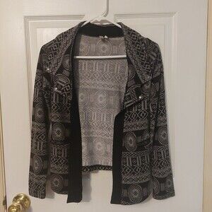 Lira Black Grey Geometric Print Tribal Pattern Open Front Cardigan Size XSmall